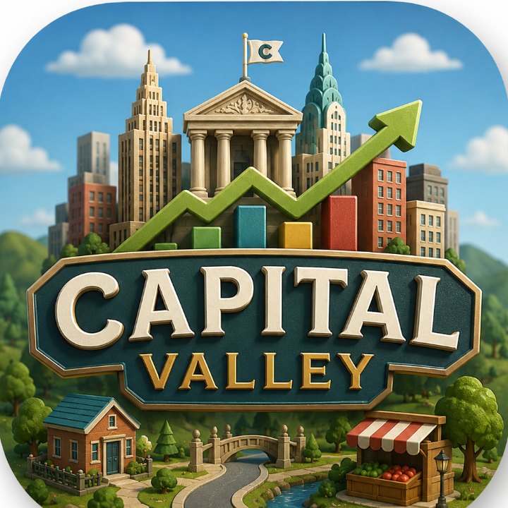 Le logo de Capital Valley : une enseigne en papier découpé devant une ville, une banque à colonnes et une flèche qui monte.