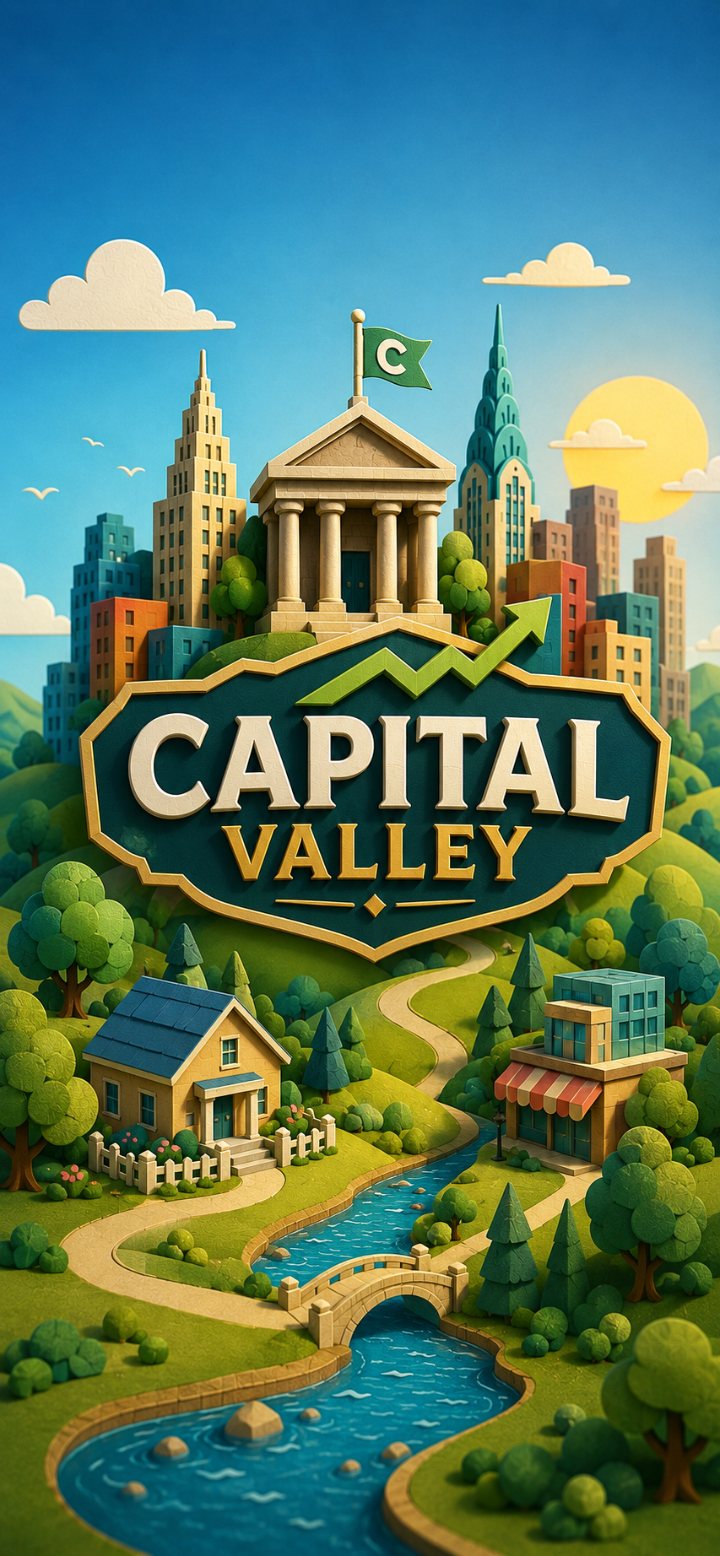L'écran d'accueil de Capital Valley : une vallée en papier découpé, avec ses collines, sa rivière, une maison, une échoppe et, au sommet, une ville aux immeubles de papier.