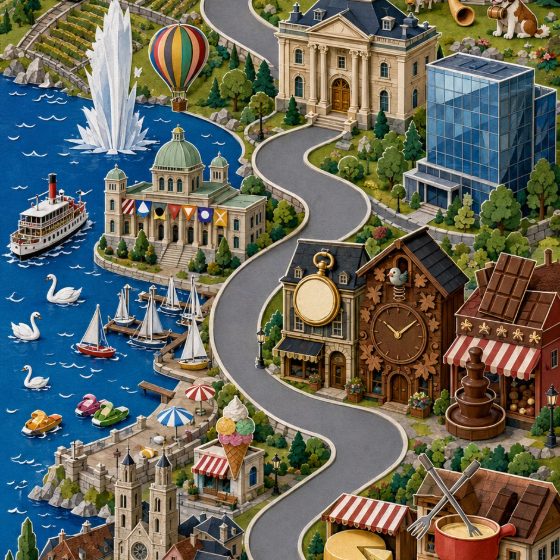 Genève : le jet d'eau, le lac, une horloge à coucou et une banque, en papier découpé.