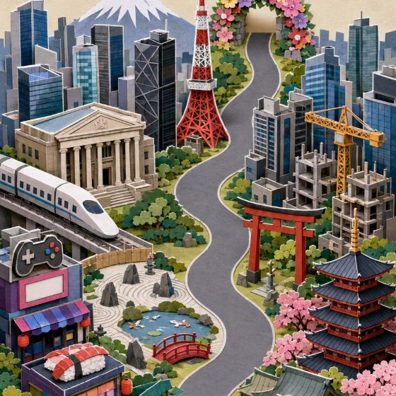 Tokyo : la tour rouge, un train à grande vitesse, un torii et une pagode, en papier découpé.