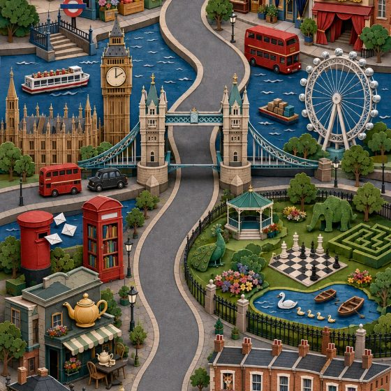 Londres : Big Ben, Tower Bridge, un bus rouge et la grande roue, en papier découpé.